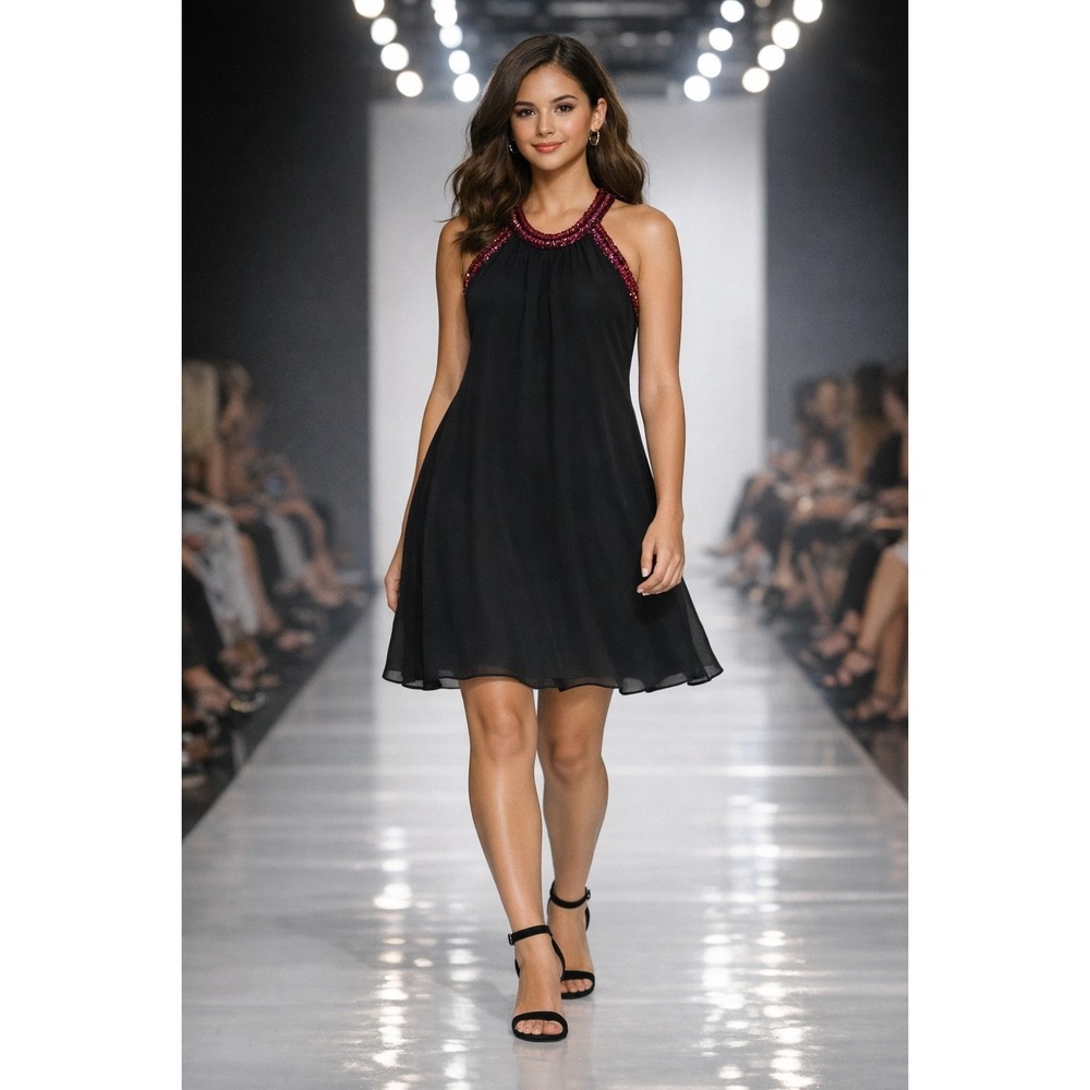 Jewel Badgley Mischka Ava Trapeze Dress Black Sequin Halter T-Back Mini 4 NWT